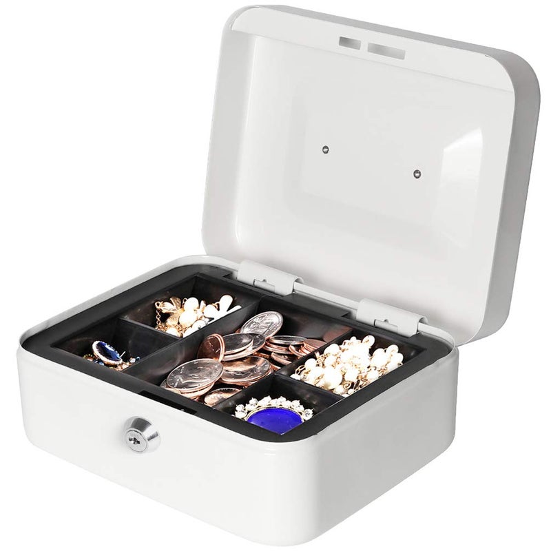 Jssmst Small Cash Box with Key Lock - Durable Metal Cash Box with Money Tray White, CB0105M - Image 3